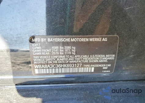 2017 BMW 320 Xi z USA, uszkodzony, nr VIN WBA8A3C36HK693127